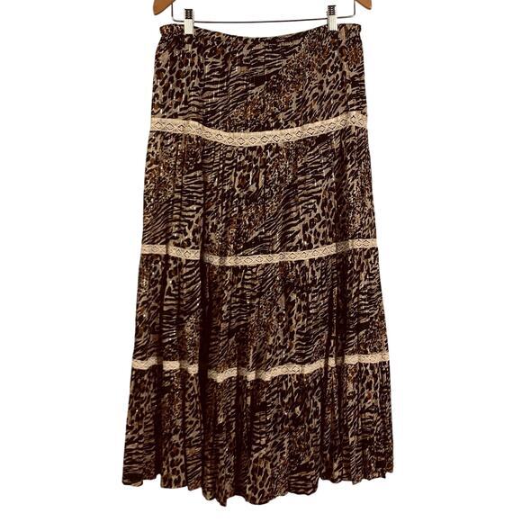 ZOE D. Skirt Maxi Leopard Lace Tiered Elastic Waist Metallic Thread Prairie - Picture 4 of 14
